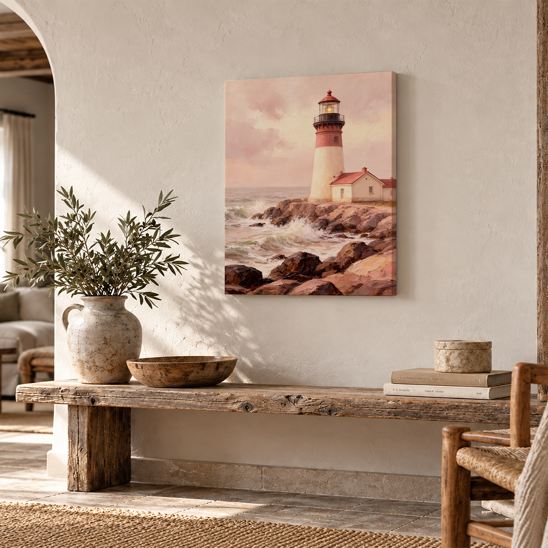 Coastal Lighthouse Sunset Framed Canvas Wall Art - Image 2