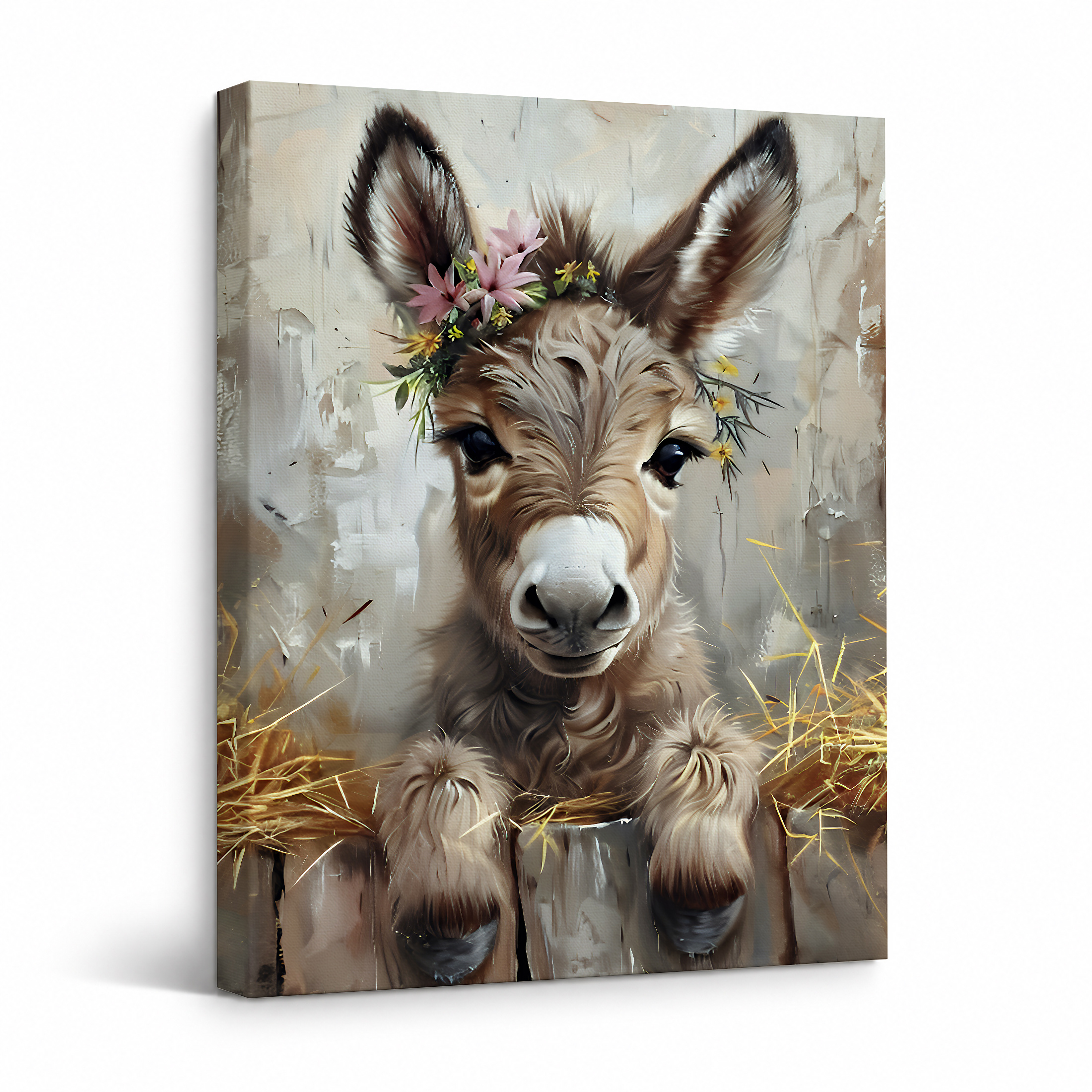Cute Donkey Flower Crown Framed Canvas Wall Art | Ready to Hang