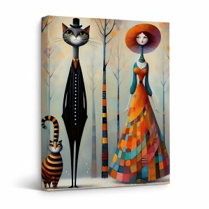 Whimsical Cats & Elegant Woman Forest Scene Framed Canvas Wall Art