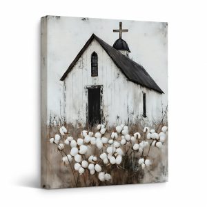 Rustic Church Cotton Field Framed Canvas Wall Art - Ready to Hang
