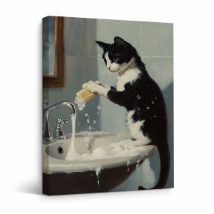 Whimsical Cat Bathing in Sink Framed Canvas Wall Art