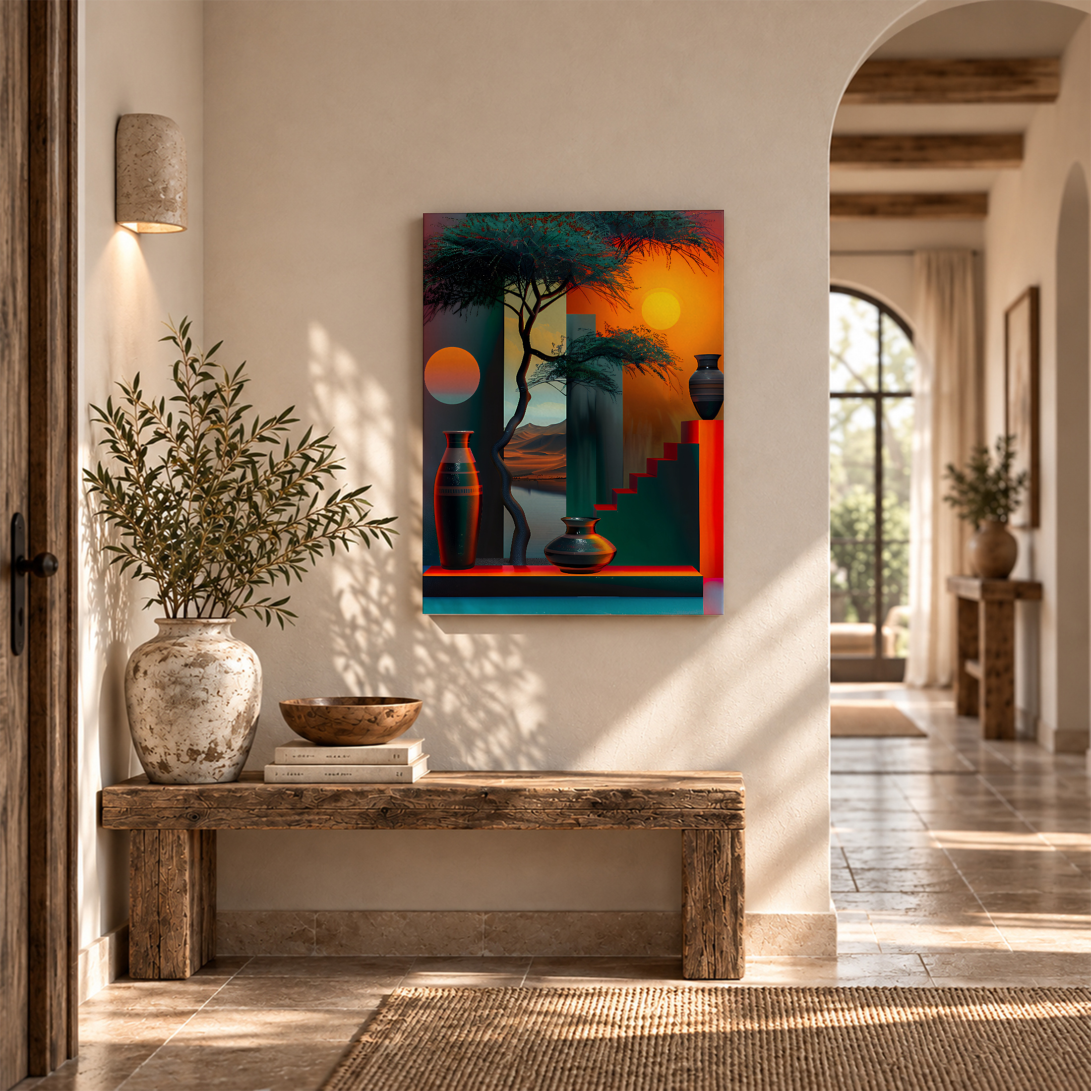 Framed Canvas Wall Art: Sunset Tree & Geometric Vases - Image 6