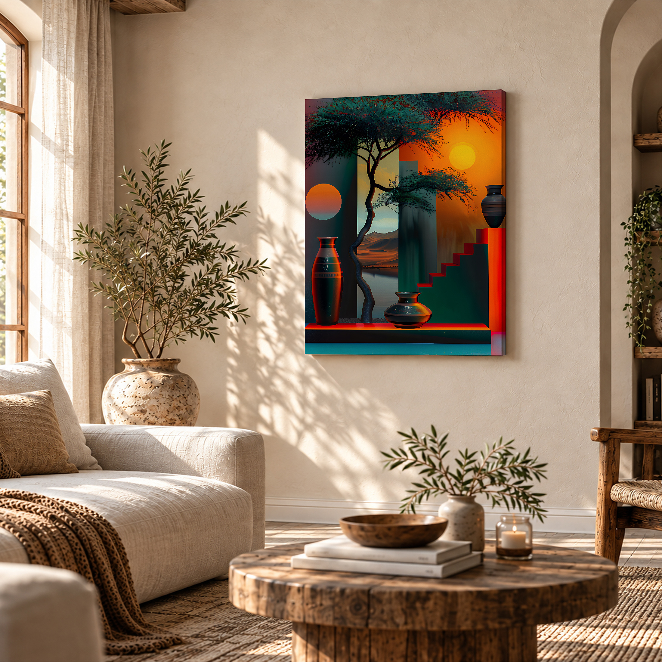 Framed Canvas Wall Art: Sunset Tree & Geometric Vases - Image 4