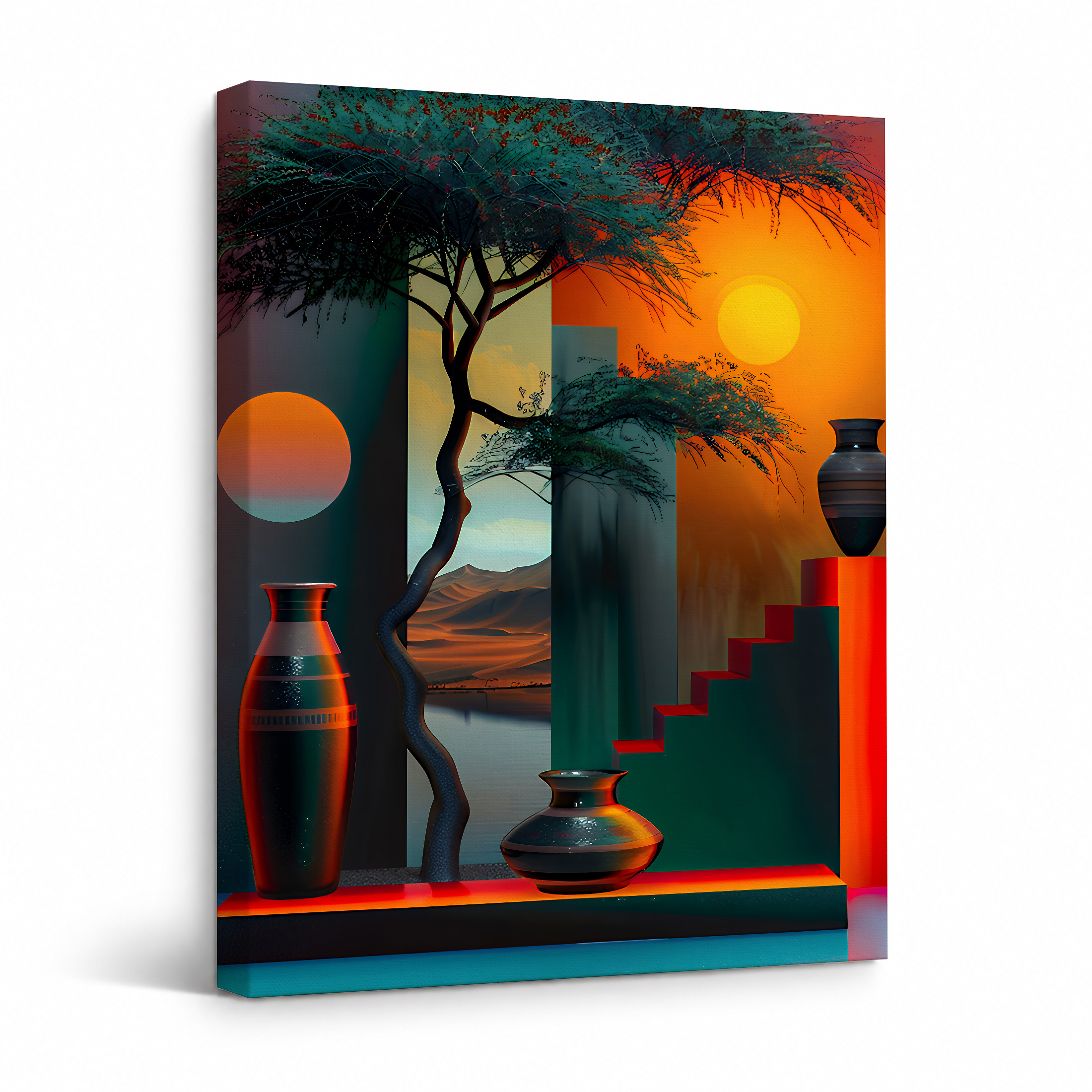 Framed Canvas Wall Art: Sunset Tree & Geometric Vases