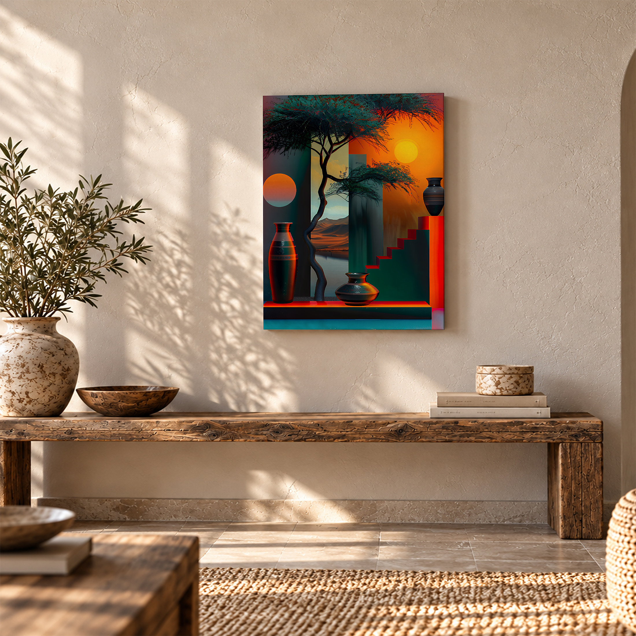 Framed Canvas Wall Art: Sunset Tree & Geometric Vases - Image 5