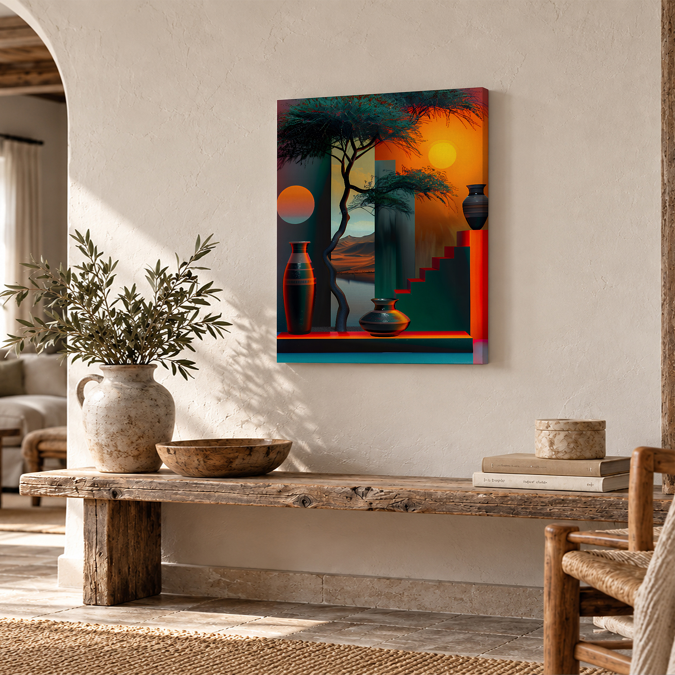 Framed Canvas Wall Art: Sunset Tree & Geometric Vases - Image 2
