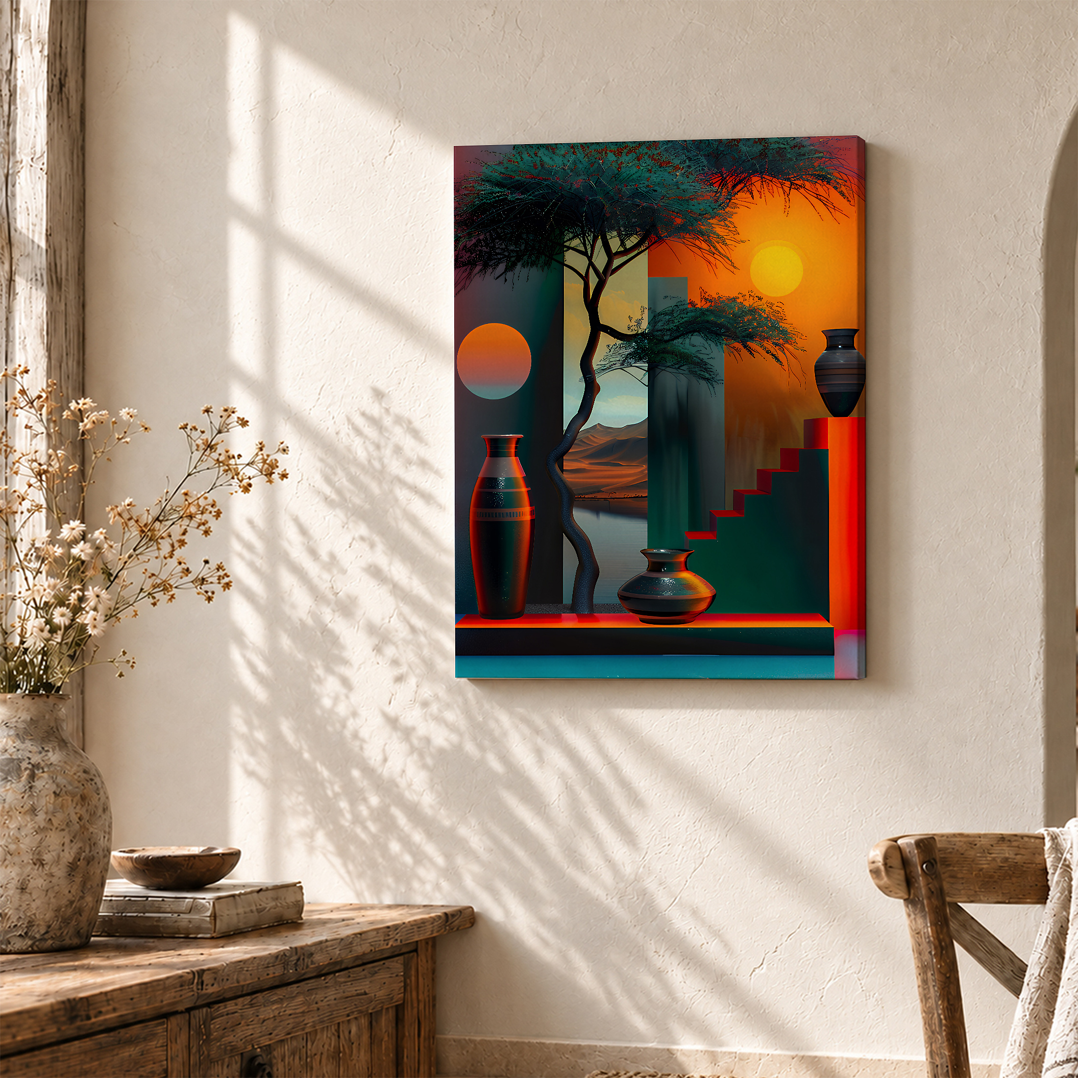 Framed Canvas Wall Art: Sunset Tree & Geometric Vases - Image 3