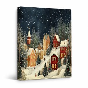 Snowy Village Christmas Night Framed Canvas Wall Art - Ready to Hang