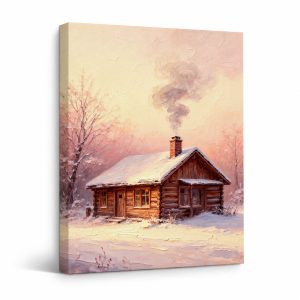 Winter Cabin Sunset Framed Canvas Wall Art - Cozy Home Decor