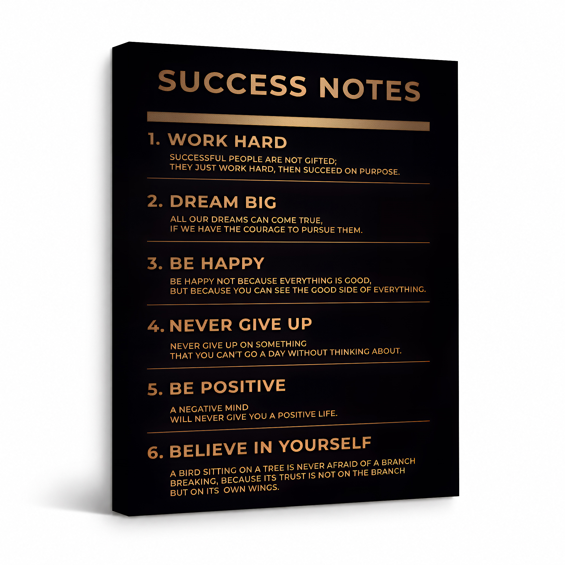 Motivational Success Notes Framed Canvas Wall Art - Black & Gold Motivational Decor