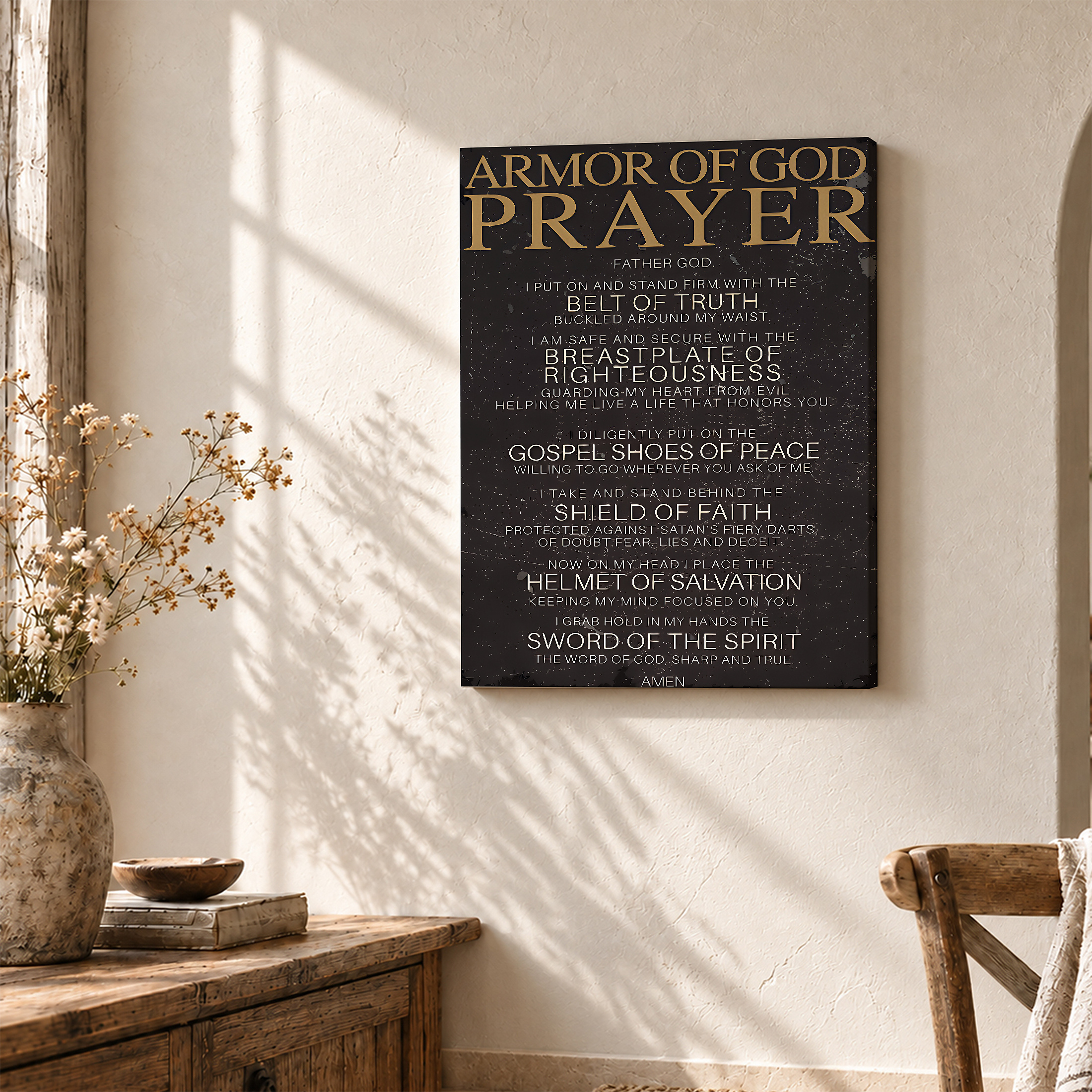 Armor of God Prayer Framed Canvas Wall Art - Vintage Gold Text - Image 3