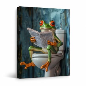 Frog Reading Newspaper on Toilet Framed Canvas Wall Art