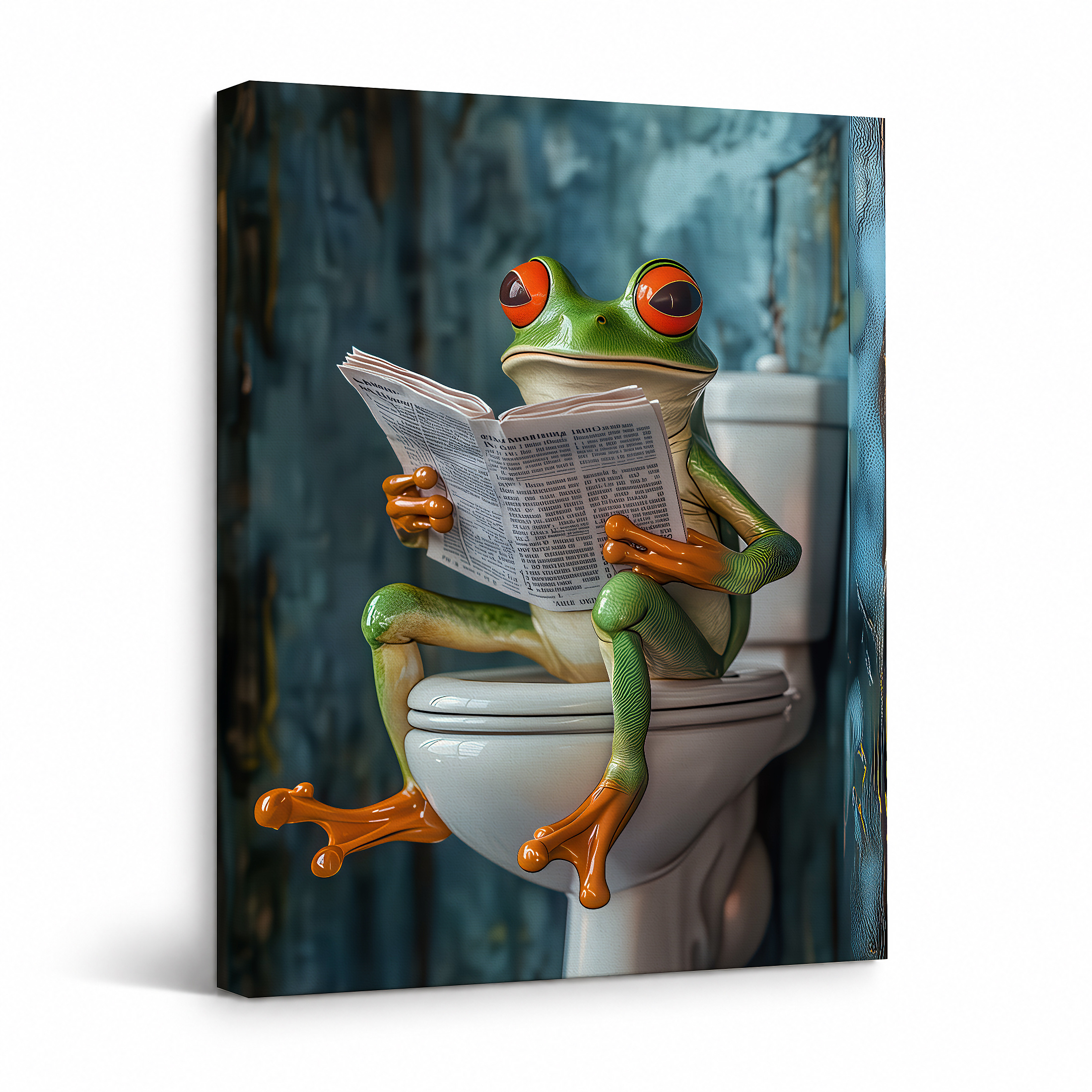 Frog Reading Newspaper on Toilet Framed Canvas Wall Art