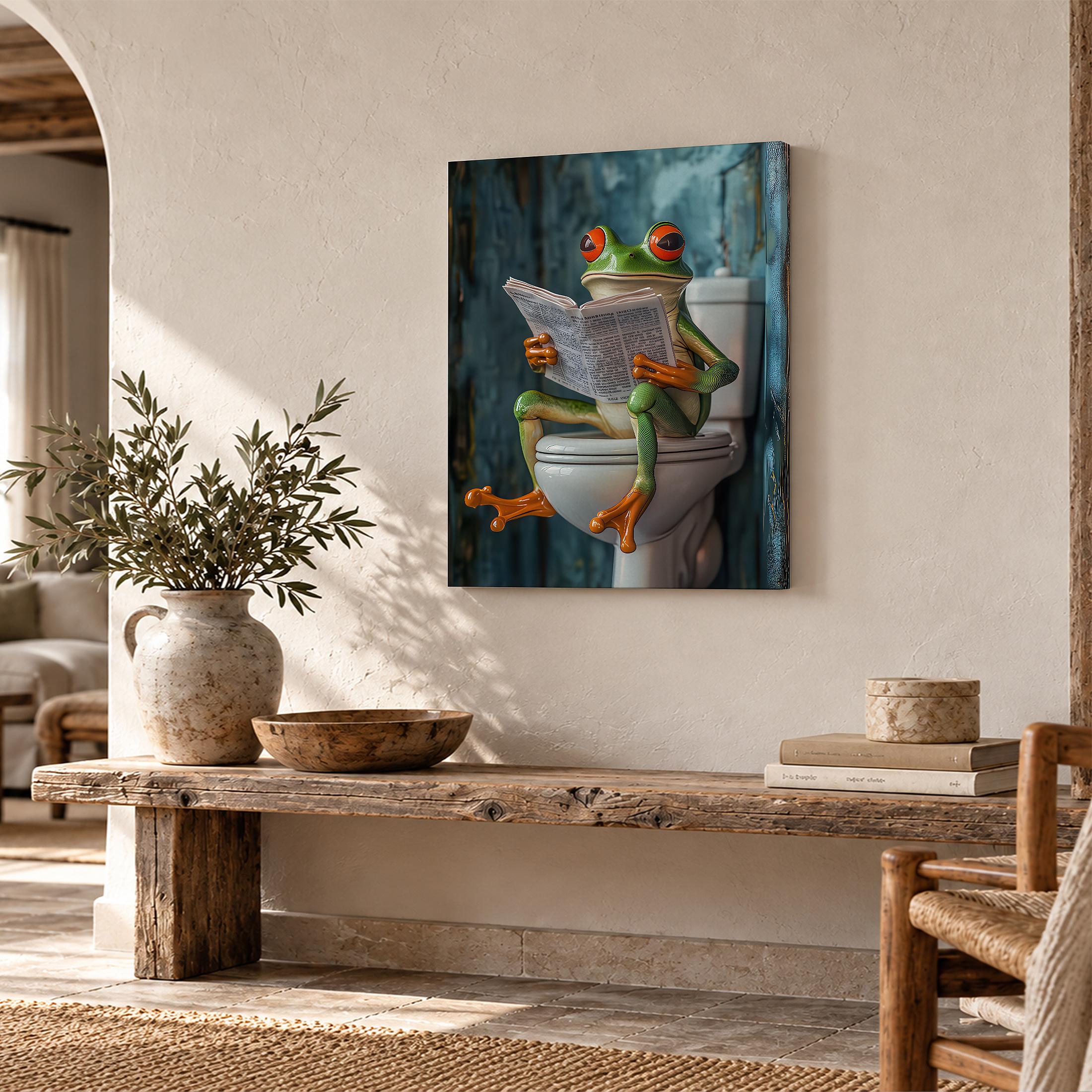 Frog Reading Newspaper on Toilet Framed Canvas Wall Art - Image 2