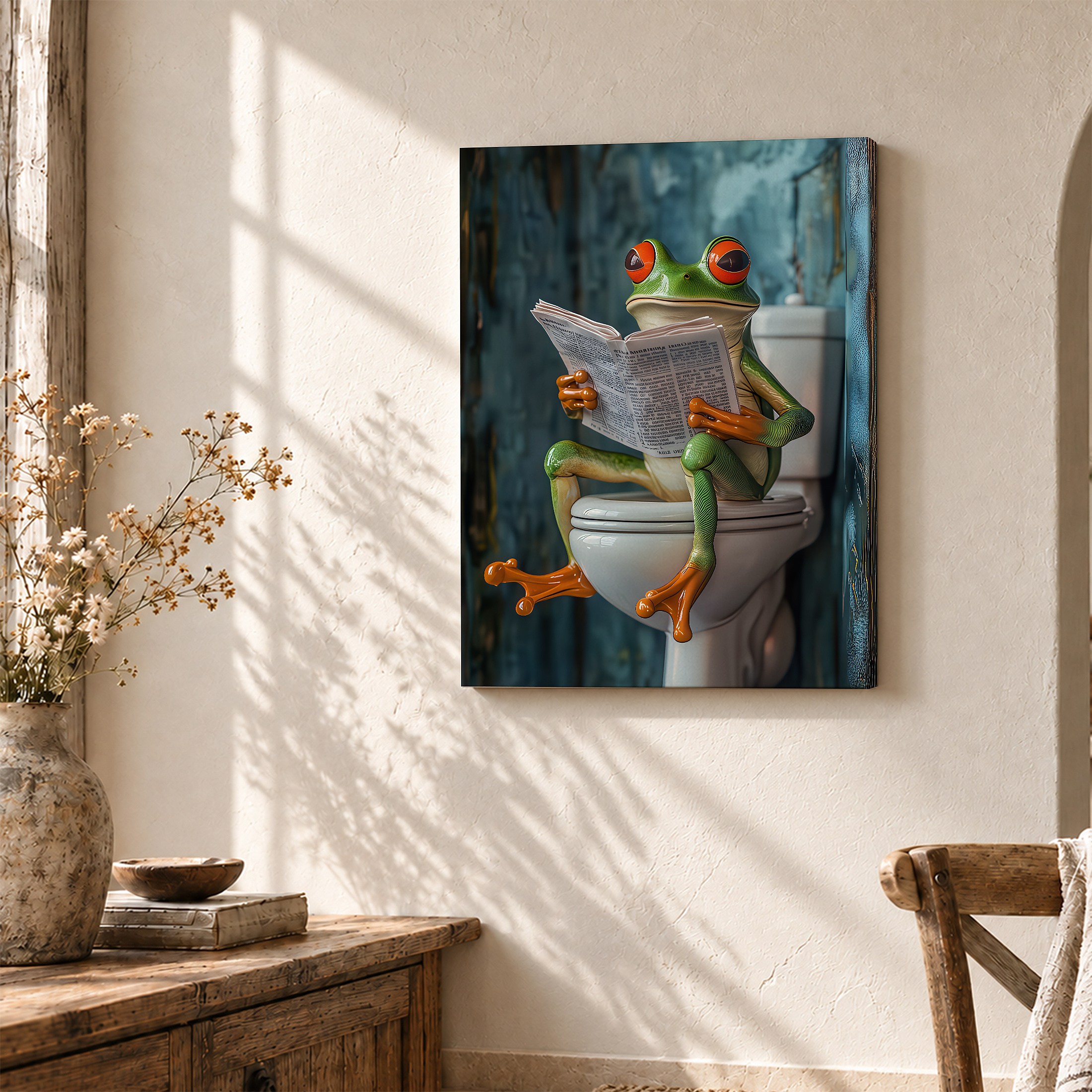 Frog Reading Newspaper on Toilet Framed Canvas Wall Art - Image 3