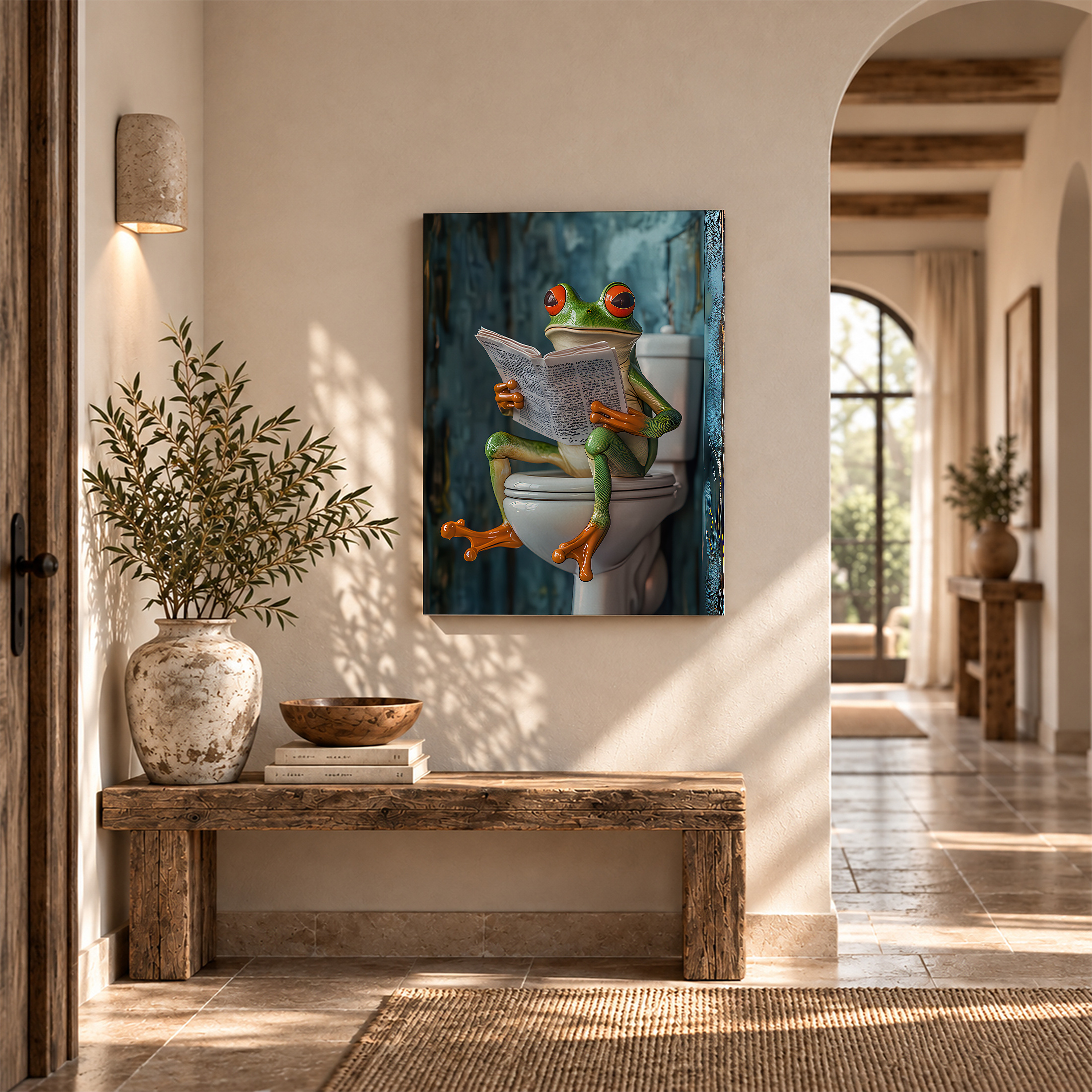 Frog Reading Newspaper on Toilet Framed Canvas Wall Art - Image 6