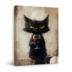 Black Cat with Wine Glass Framed Canvas Wall Art - Ready to Hang
