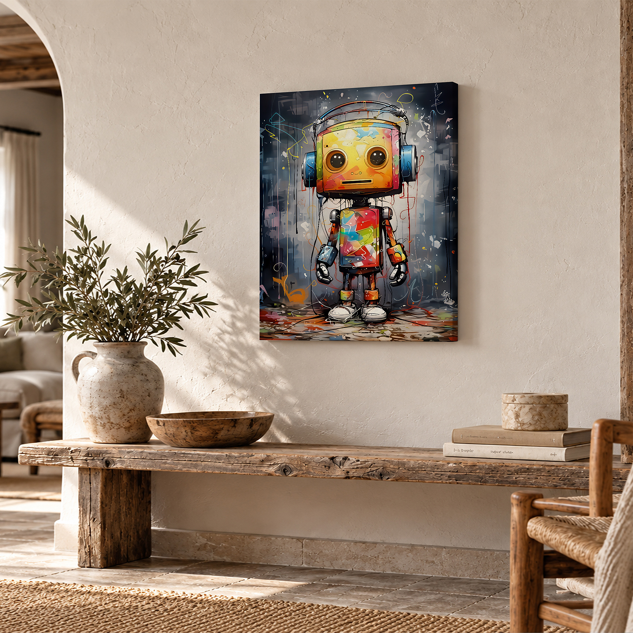 Colorful Robot Graffiti Framed Canvas Wall Art - Ready to Hang - Image 2