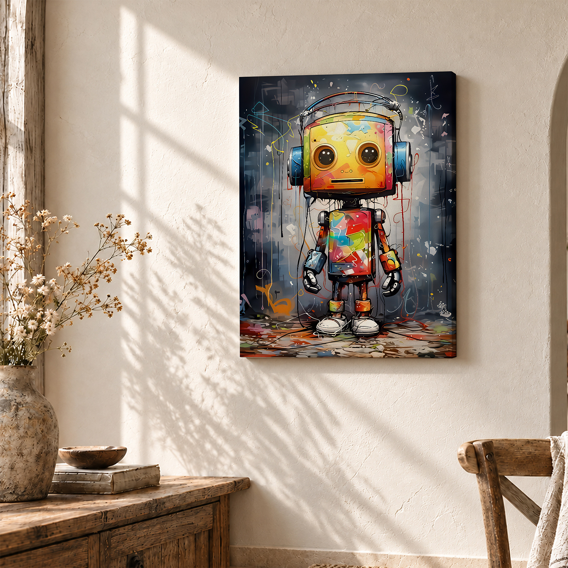 Colorful Robot Graffiti Framed Canvas Wall Art - Ready to Hang - Image 3