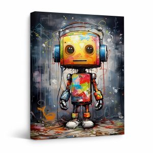 Colorful Robot Graffiti Framed Canvas Wall Art - Ready to Hang