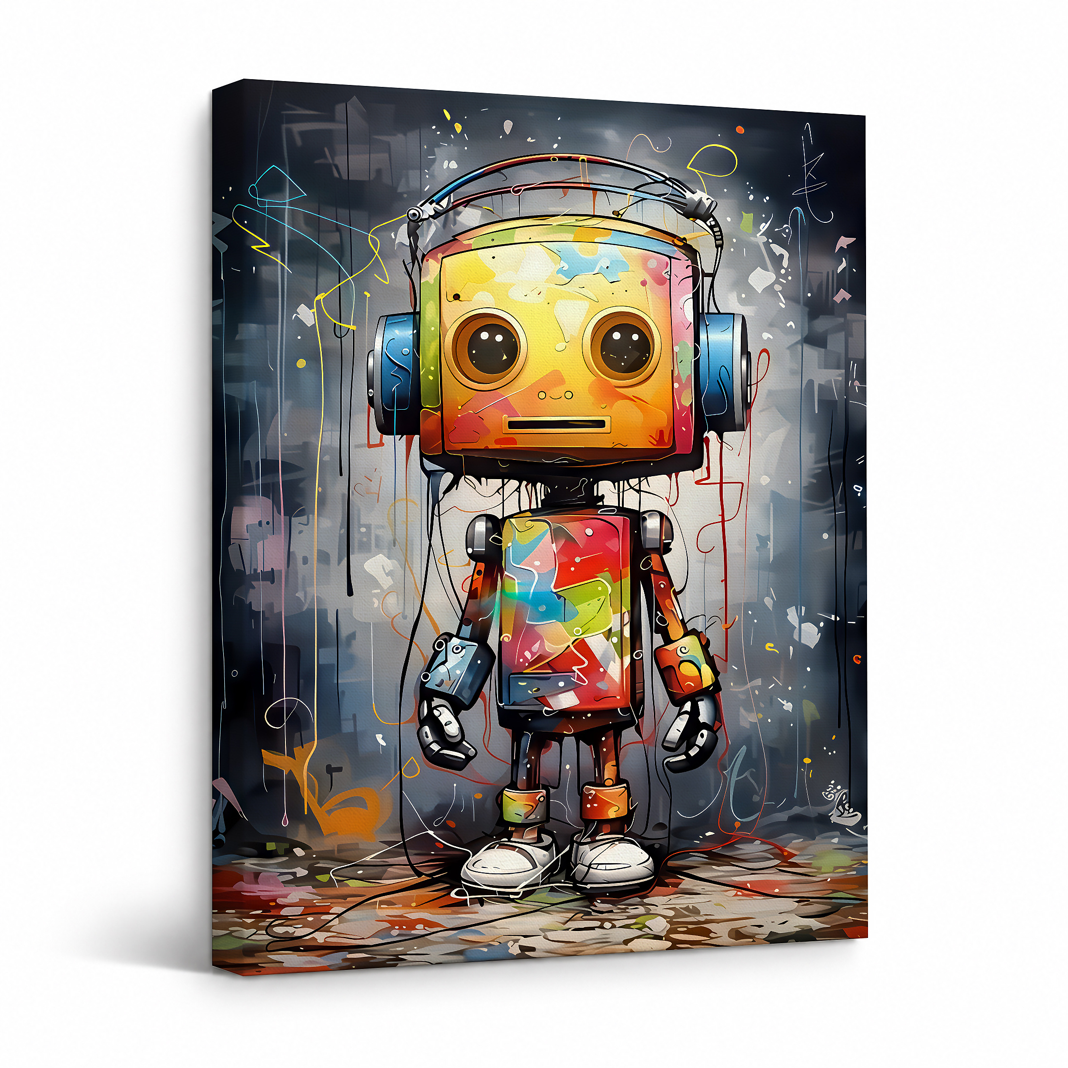 Colorful Robot Graffiti Framed Canvas Wall Art - Ready to Hang