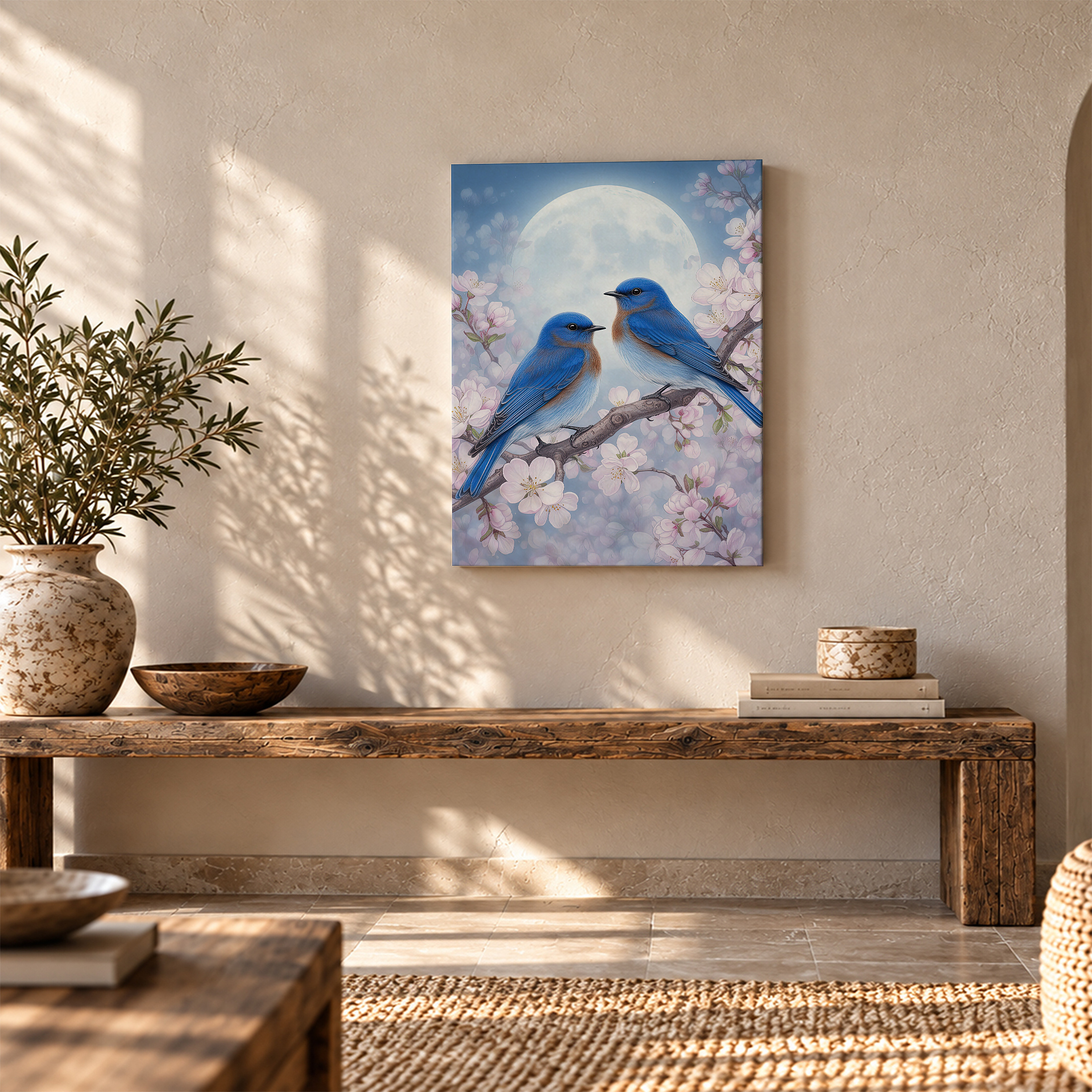 Bluebirds & Cherry Blossoms Moonlit Framed Canvas Wall Art | Ready to Hang - Image 5