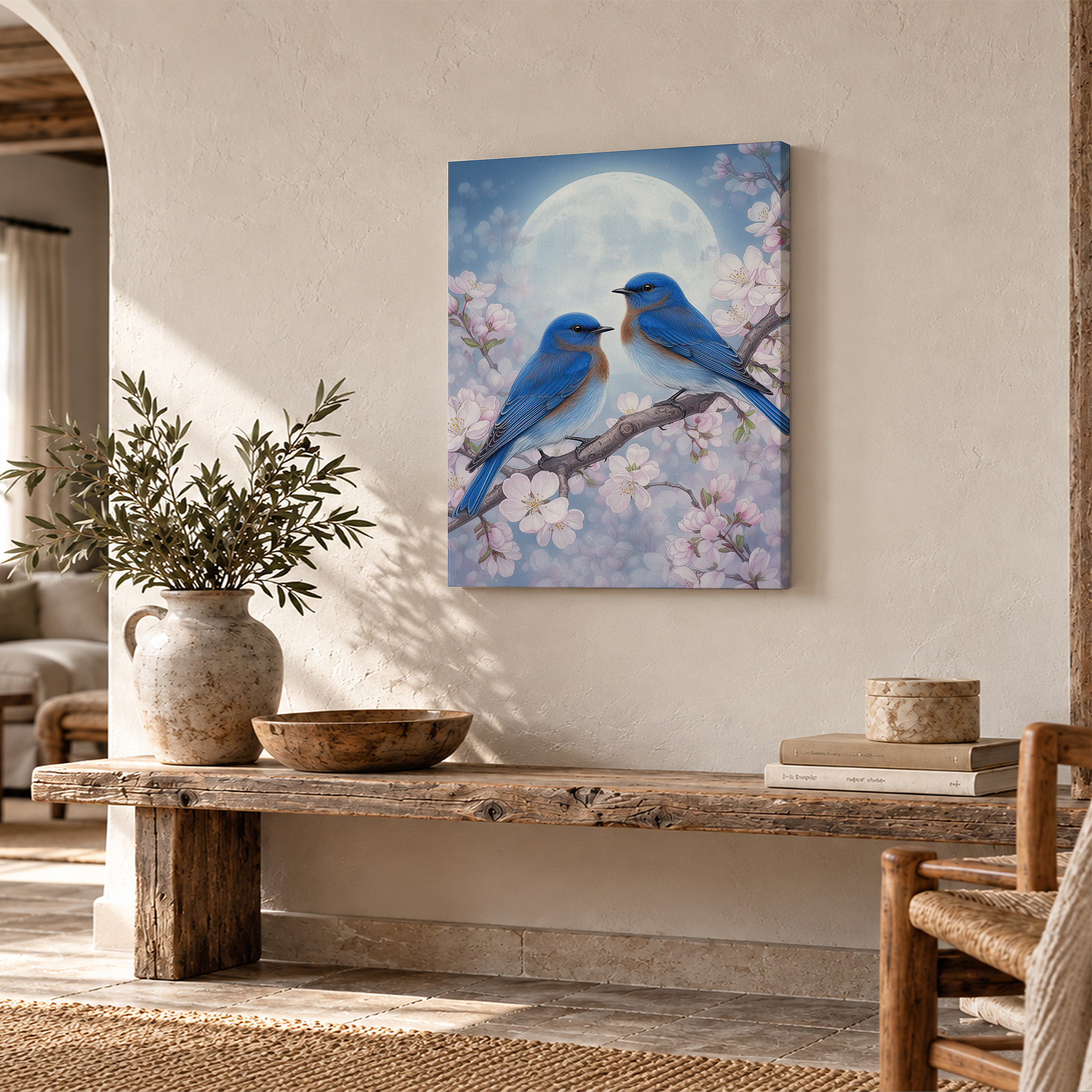 Bluebirds & Cherry Blossoms Moonlit Framed Canvas Wall Art | Ready to Hang - Image 2