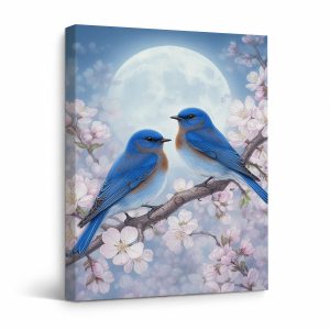 Bluebirds & Cherry Blossoms Moonlit Framed Canvas Wall Art | Ready to Hang