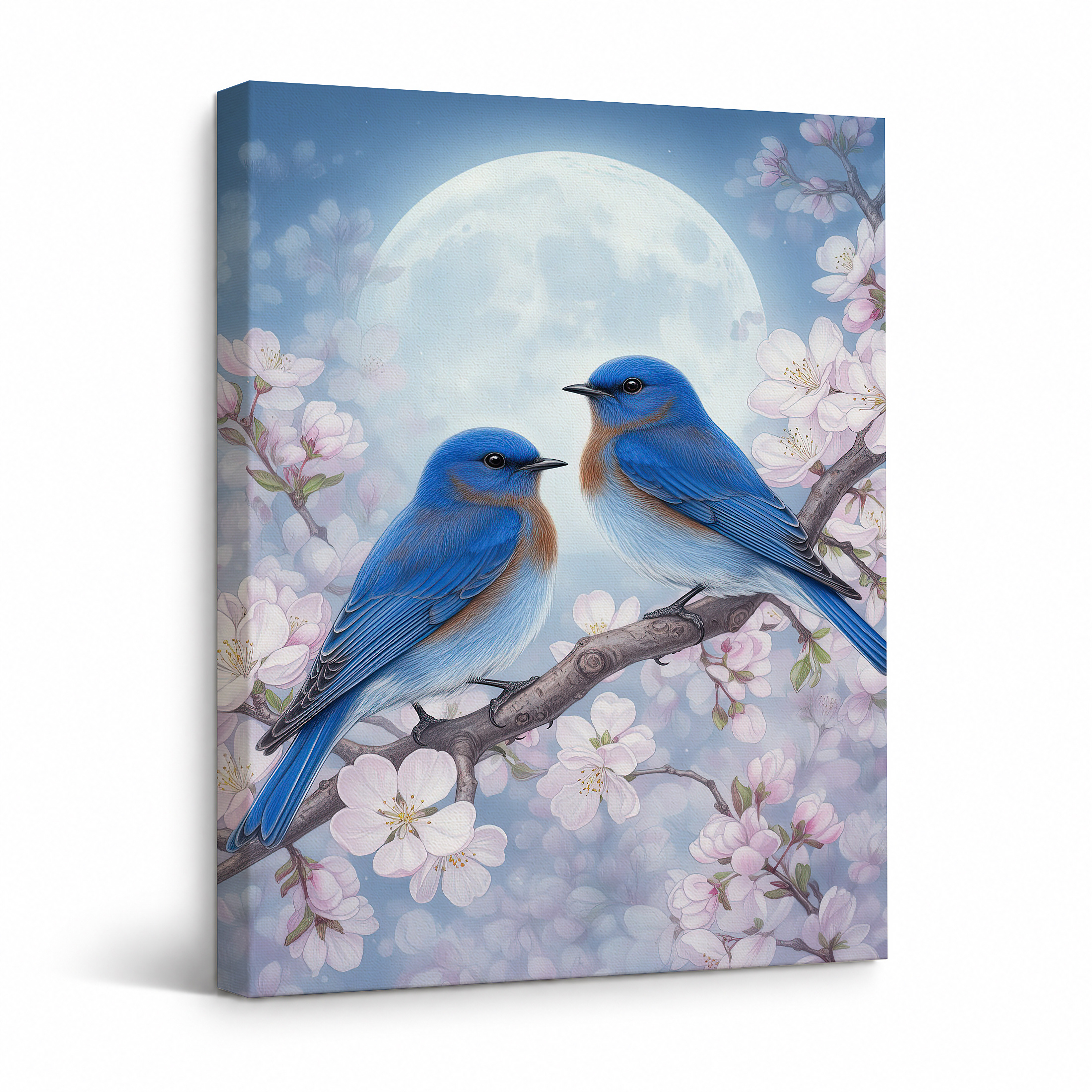 Bluebirds & Cherry Blossoms Moonlit Framed Canvas Wall Art | Ready to Hang