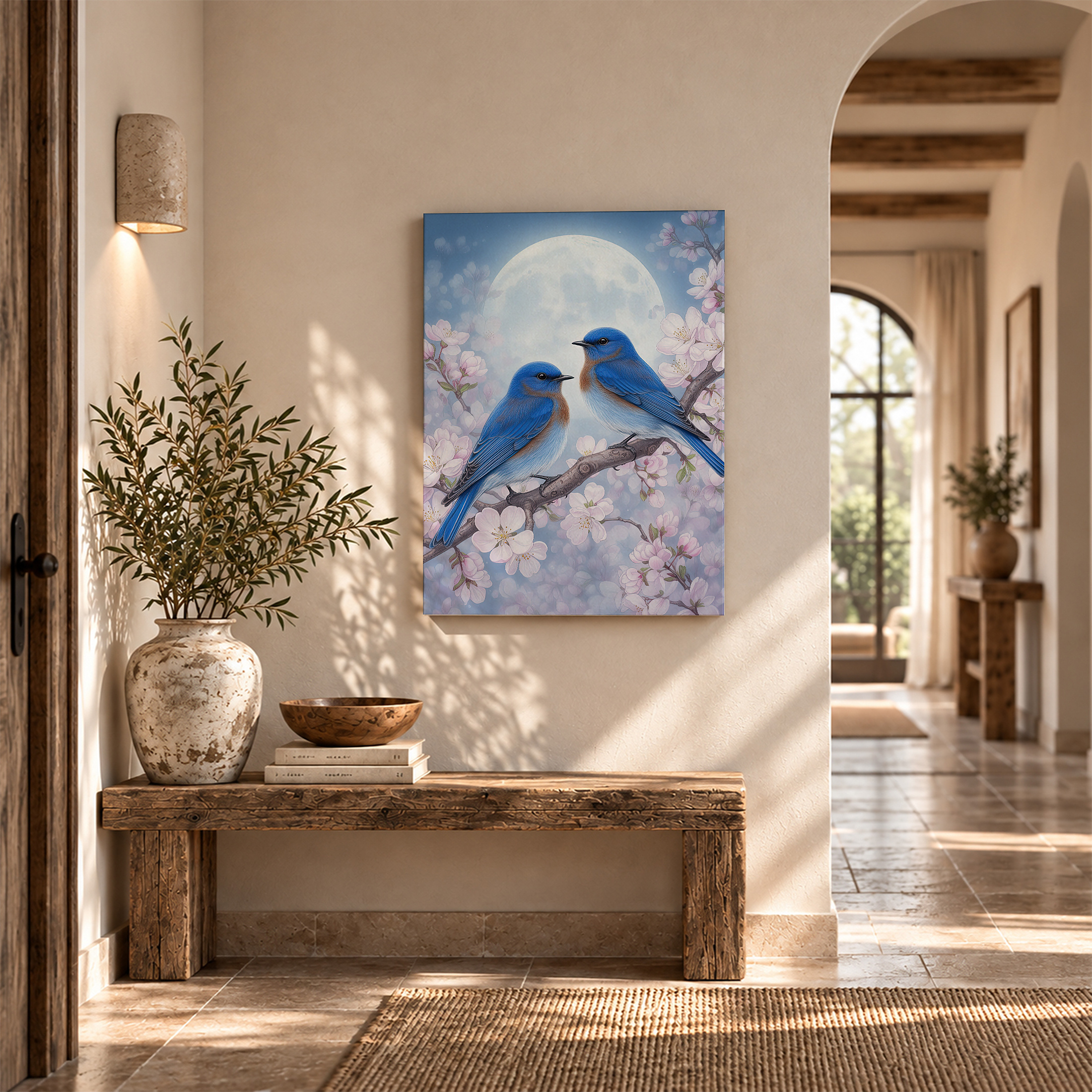 Bluebirds & Cherry Blossoms Moonlit Framed Canvas Wall Art | Ready to Hang - Image 6