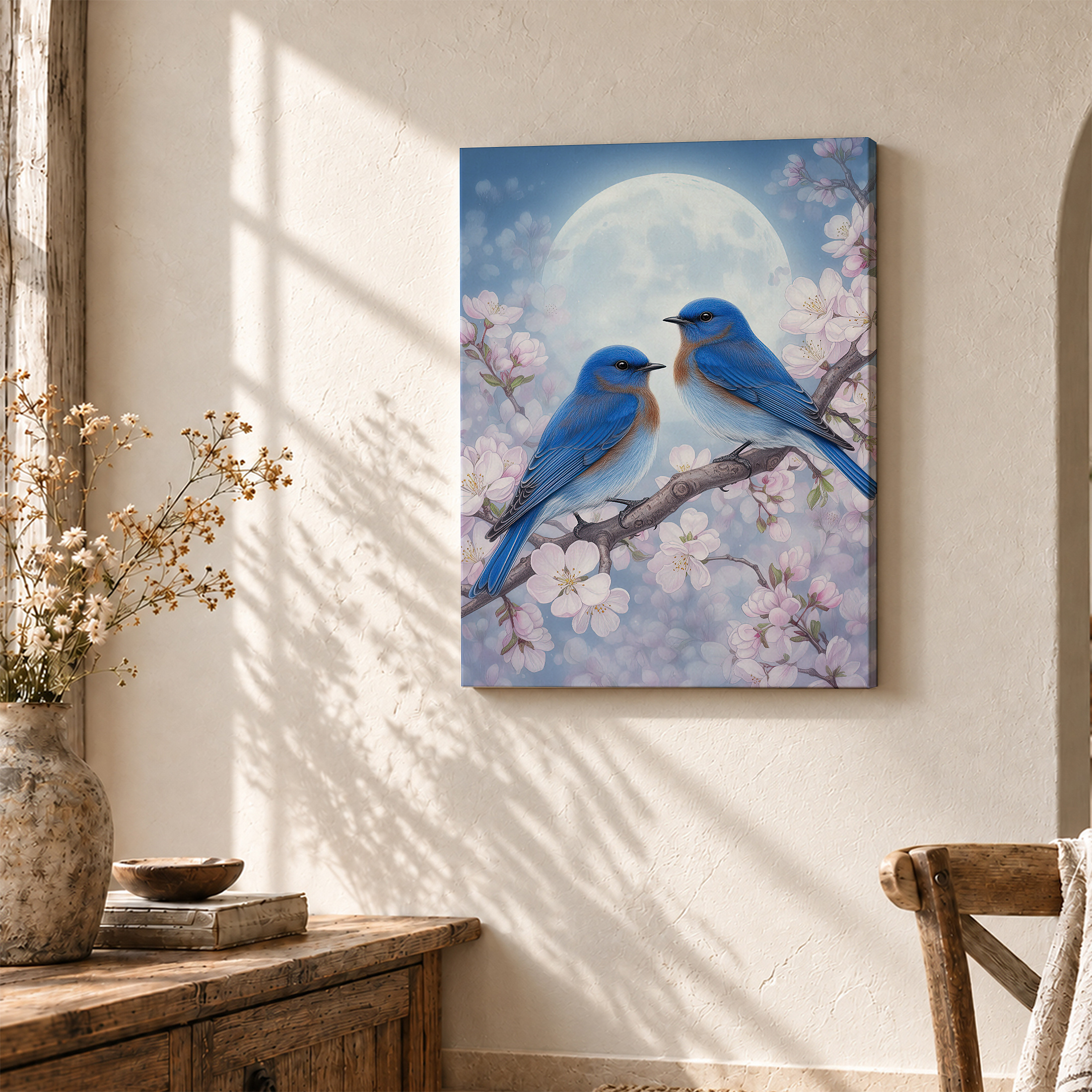 Bluebirds & Cherry Blossoms Moonlit Framed Canvas Wall Art | Ready to Hang - Image 3