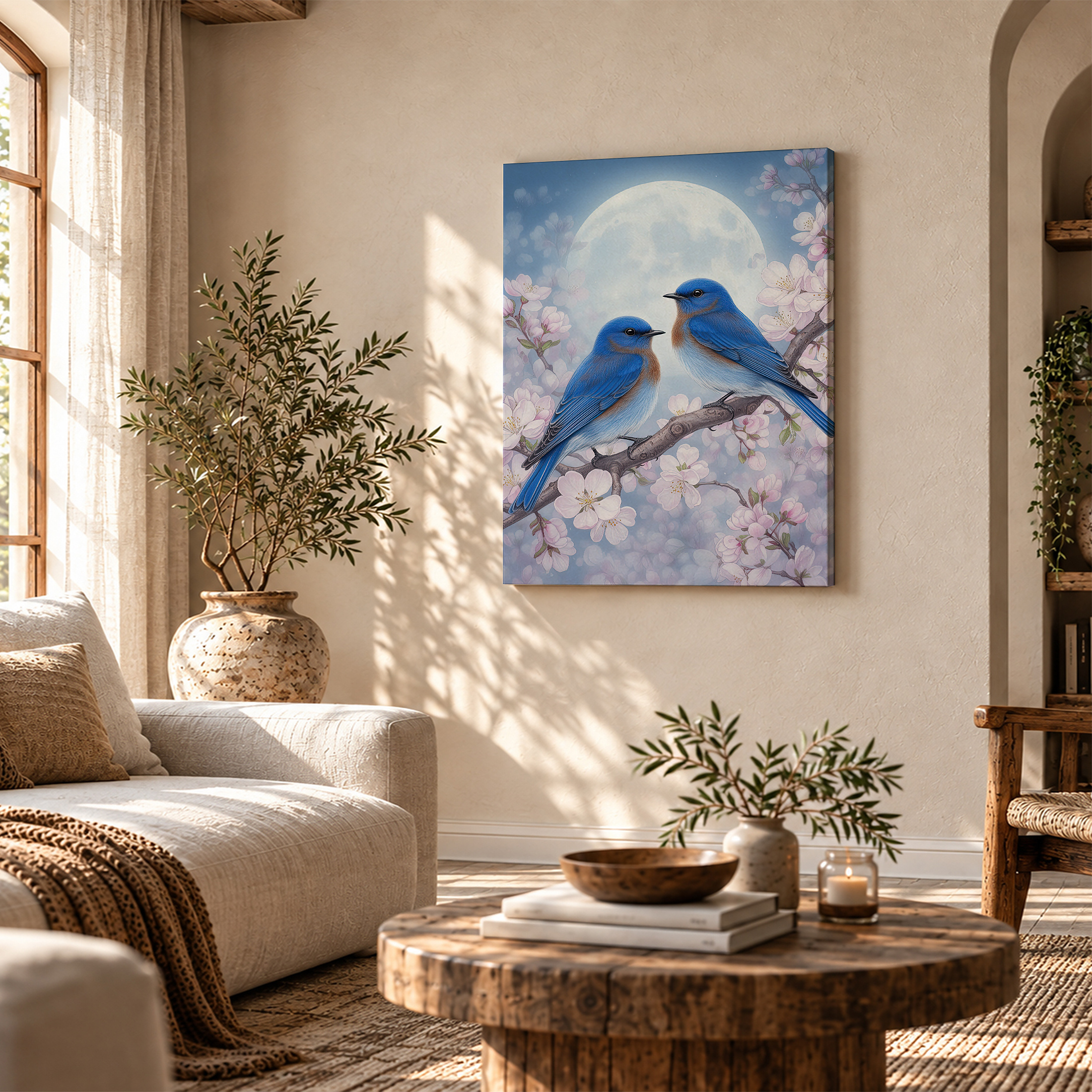 Bluebirds & Cherry Blossoms Moonlit Framed Canvas Wall Art | Ready to Hang - Image 4