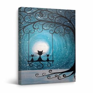 Cats on Swing Under Moonlight Framed Canvas Wall Art - Ready to Hang