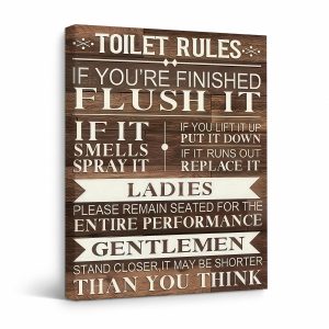 Toilet Rules Humor Framed Canvas Wall Art - Rustic Wood Sign Decor