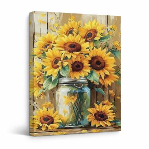 Sunflower Mason Jar Farmhouse Framed Canvas Wall Art Ready to Hang