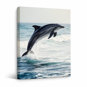 Dolphin Jumping Ocean Framed Canvas Wall Art Ready to Hang