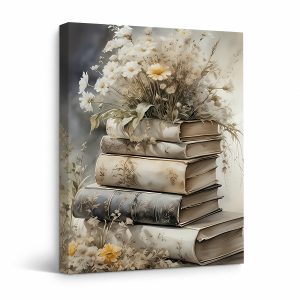 Vintage Book & Floral Bouquet Framed Canvas Wall Art | Ready to Hang