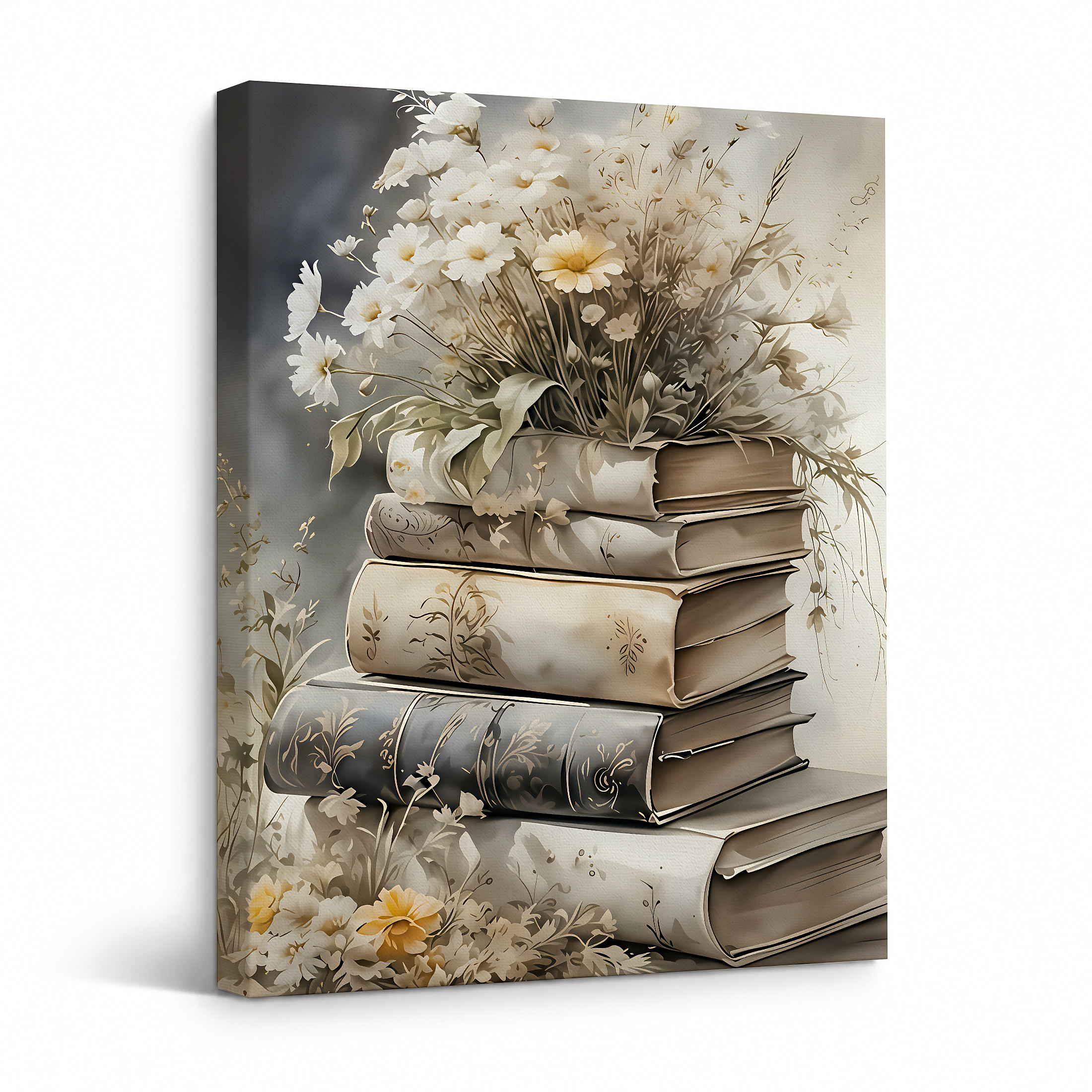 Vintage Book & Floral Bouquet Framed Canvas Wall Art | Ready to Hang