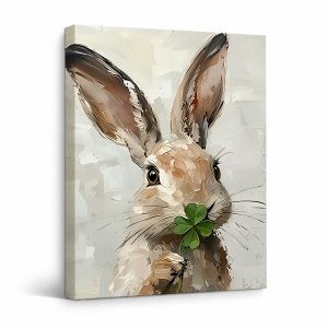 Whimsical Rabbit with Four-Leaf Clover Framed Canvas Wall Art