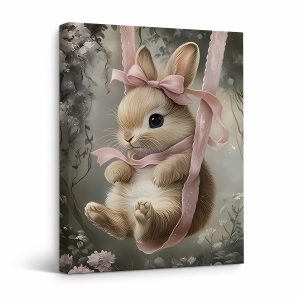 Whimsical Bunny in Pastel Garden Framed Canvas Wall Art
