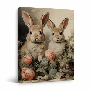 Vintage Rabbits & Roses Framed Canvas Wall Art - Ready to Hang