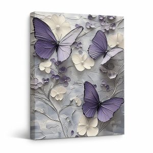 Purple Butterfly & Flower Framed Canvas Wall Art - Elegant Home Decor