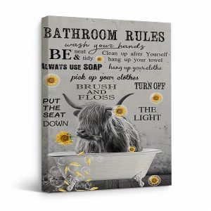 Highland Cow Bathroom Rules Framed Canvas Wall Art - Whimsical Home Decor