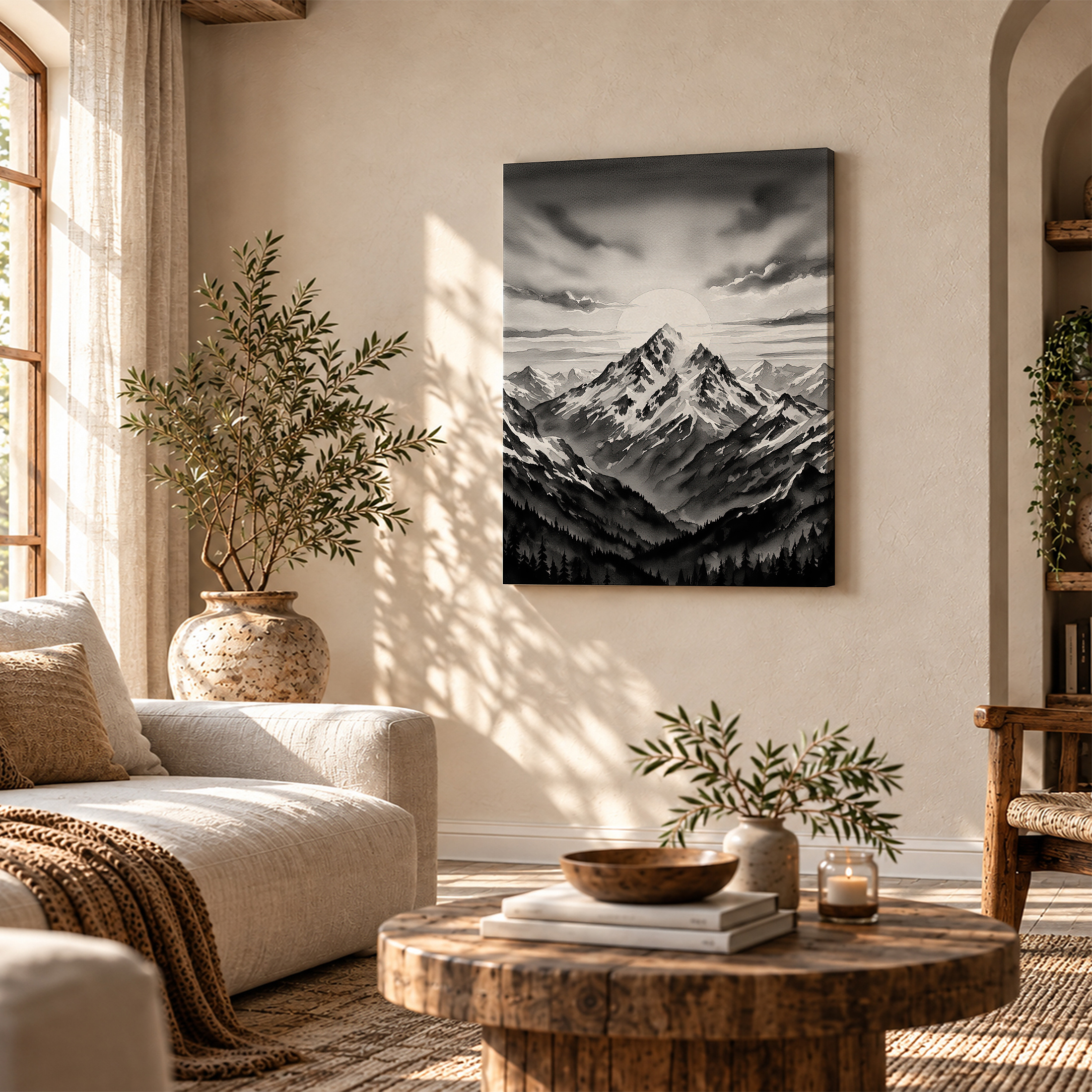 Monochromatic Mountain Landscape Framed Canvas Wall Art - Image 4