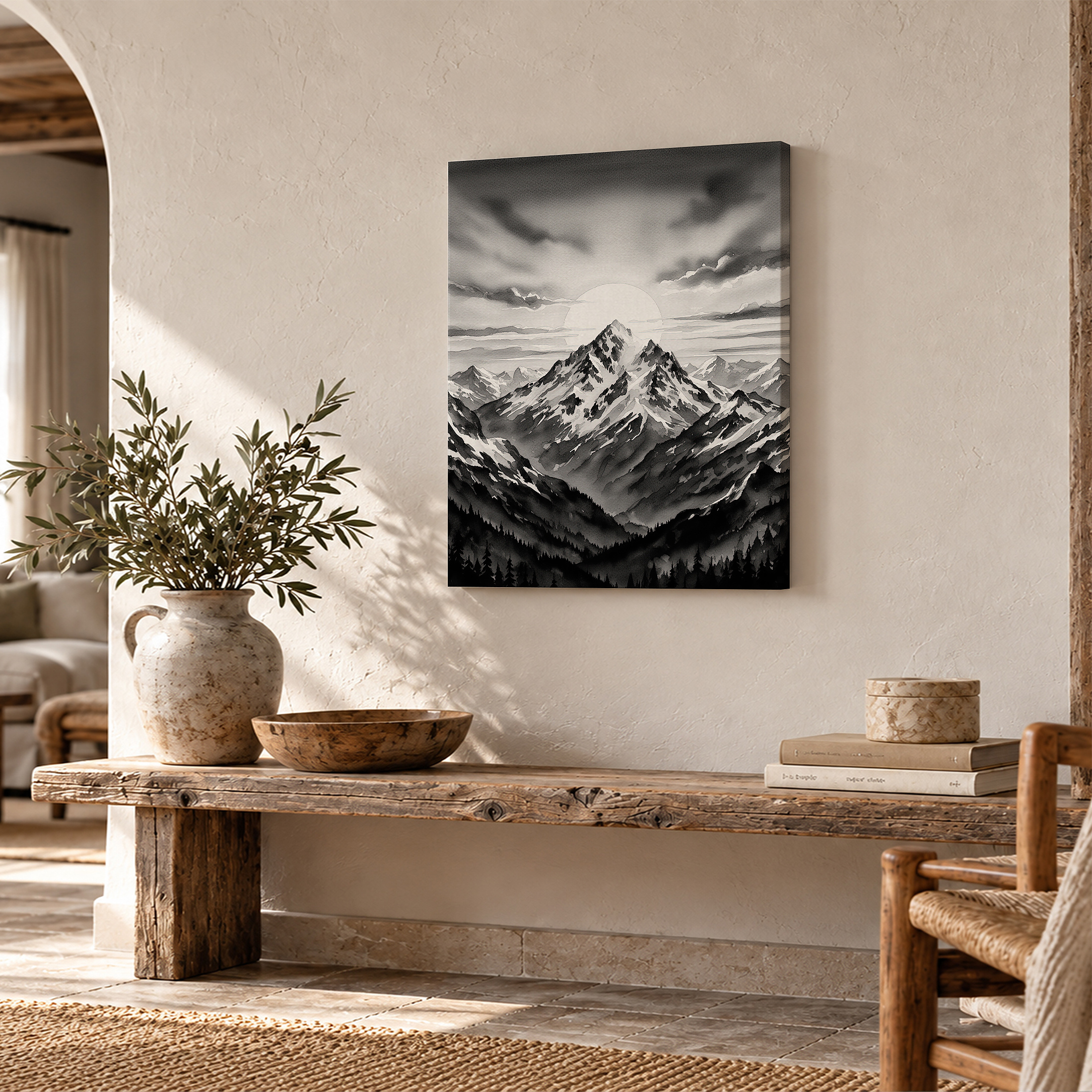 Monochromatic Mountain Landscape Framed Canvas Wall Art - Image 2