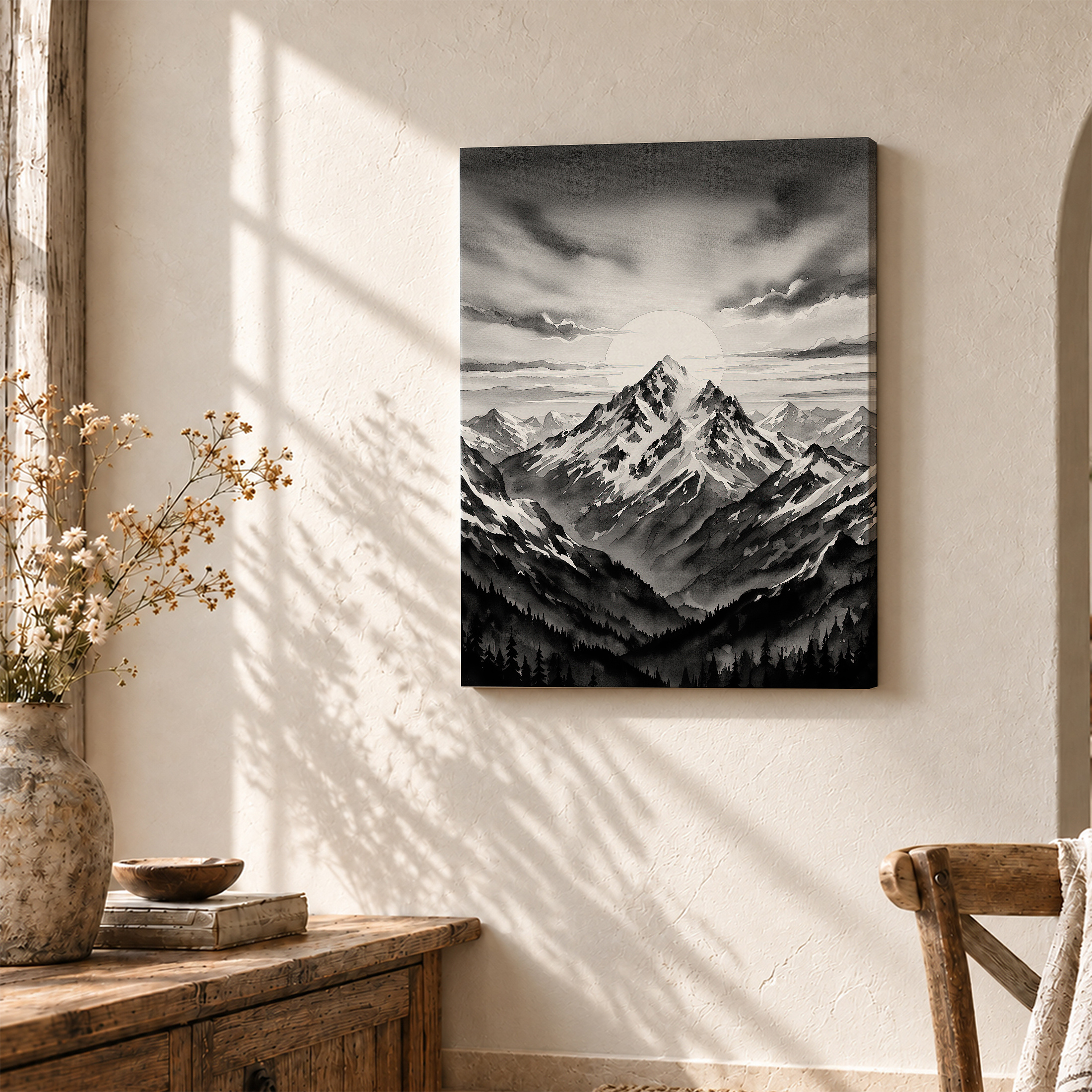Monochromatic Mountain Landscape Framed Canvas Wall Art - Image 3