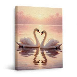 Swans at Sunset Heart Framed Canvas Wall Art - Ready to Hang