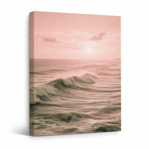 Pink Sunset Ocean Waves Framed Canvas Wall Art - Ready to Hang