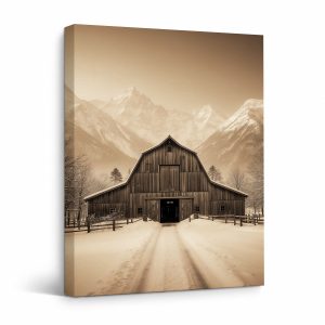 Snowy Mountain Barn Framed Canvas Wall Art - Vintage Rustic Decor
