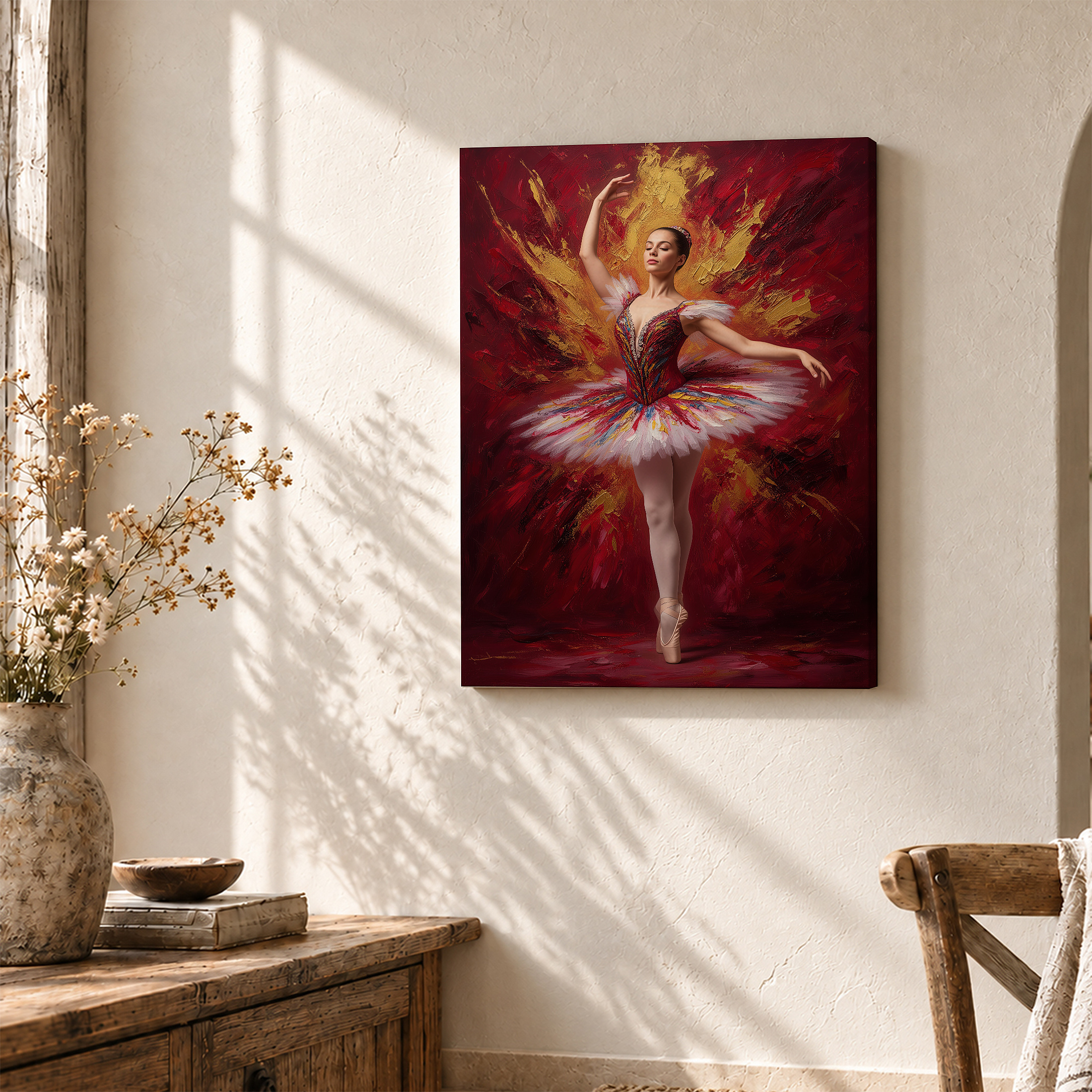 Ballerina in Red Gold Tutu Framed Canvas Wall Art - Ready to Hang - Image 3